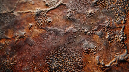 Poster - A close-up shot of a rusty metal surface reveals intricate patterns of corrosion, with shades of brown, orange, and black. The surface is covered in raised bumps, cracks, and a textured, almost organi