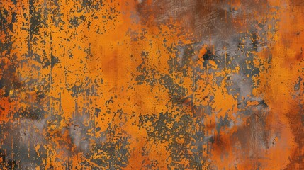 Poster - A close-up shot of a rusty metal surface with peeling orange paint, revealing the rusted metal underneath. The paint is chipped and cracked, creating a textured surface with a variety of colors, inclu
