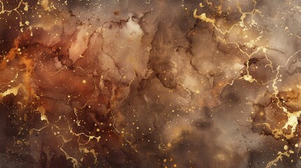 Aufkleber - A close-up shot of a brown and gold abstract watercolor painting. The paint has been swirled and splattered to create a marbled effect, with hints of white and yellow throughout.