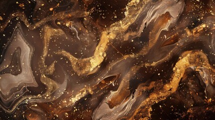Aufkleber - A close-up, abstract image of brown and gold liquid marble art, featuring swirling, flowing patterns and flecks of gold glitter, creating a dynamic and luxurious effect.
