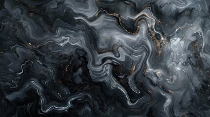 Poster - The image shows a close-up of black, white, and gold marble with a swirling, abstract pattern. The gold accents are scattered throughout the surface, adding a touch of luxury to the overall design.