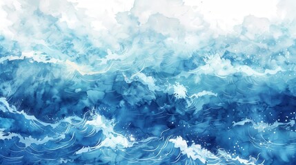 Poster - A watercolor painting of a turbulent ocean with rolling blue waves and white foam, depicting a dynamic seascape. The blue hues range from deep indigo to light azure, adding depth and movement to the a