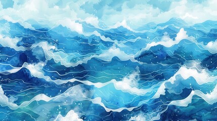 Poster - A watercolor illustration depicting an aerial view of the ocean, with a focus on the rhythmic, flowing movement of the waves. The waves are painted in various shades of blue, with white foam crests, a