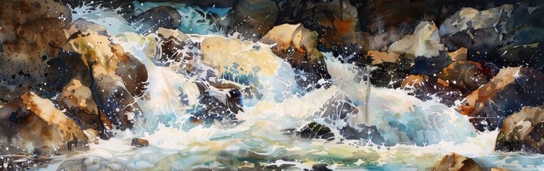 Poster - Whitewater rapids cascade over large, dark rocks in a rushing stream. The water is churning and splashing as it flows over the obstacles.