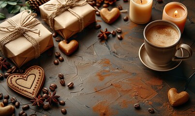 Wall Mural - An elegant Valentine's Day greeting card template features a frame of gift boxes, a coffee cup, heart-shaped candles, and decorations on a beige background.