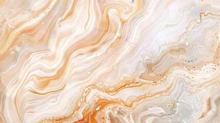 Wall Mural - A close-up of a swirled marble surface, featuring a predominantly white background with delicate, flowing lines of creamy beige and subtle orange accents. The texture of the marble is emphasized by th