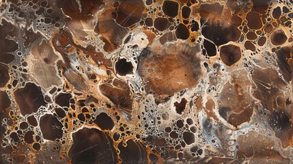 Poster - A close-up image of an abstract pattern in brown, white, and black colors. The image features swirling, flowing lines and shapes, with circular bubbles scattered throughout.