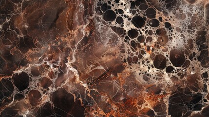 Poster - A close-up view of brown marble with white veins and circular patterns. The marble has a rich, deep brown color with lighter brown and white veins that create intricate designs. The circular patterns 