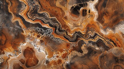 Poster - A close-up image of a smooth, polished agate stone with a variety of brown, orange, and black patterns. The patterns resemble veins, swirls, and bubbles. The stone has a glossy finish and reflects lig