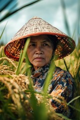 Canvas Print - Woman in Straw Hat in Field