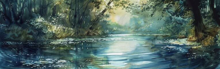 Wall Mural - A serene watercolor painting depicting a river flowing through a dense forest. Sunlight streams through the canopy, illuminating the water's surface and creating a magical atmosphere. Lush greenery li