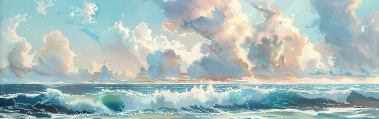 The sky is filled with large, white and fluffy clouds that are illuminated by the sun. The ocean is a deep blue color, and waves are crashing on the shore.