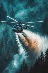 Wall Mural - Helicopter Water Dropping on Forest Fire