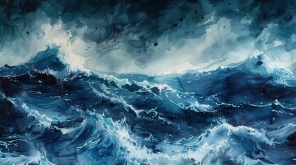 Poster - A watercolor painting captures the raw power of the ocean during a stormy day, with crashing waves and a dark, dramatic sky above. The deep blues and whites of the painting create a sense of movement 