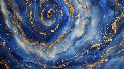 Aufkleber - A close-up of a swirling abstract watercolor painting featuring shades of blue and gold. The swirling pattern creates a sense of movement and depth, while the gold accents add a touch of elegance.