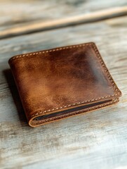 Wall Mural - Brown Wallet on Wooden Table