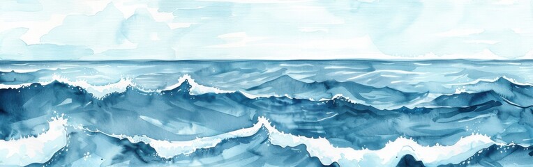 Wall Mural - The image depicts a watercolor painting of a blue ocean with white capped waves. The painting is done in shades of blue, with a light blue sky in the background.