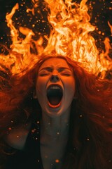 Canvas Print - Woman with mouth open by fire