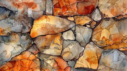 Aufkleber - A watercolor painting depicts a close-up view of a wall made of interlocking, multi-colored stones. The stones are in shades of gray, brown, orange, and yellow, and the artist used a painterly, textur