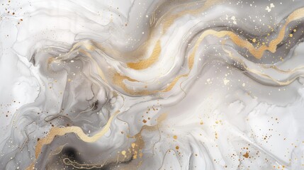 Poster - A close-up abstract painting with swirled, marbled patterns in white and gray shades, interspersed with gold swirls and specks.