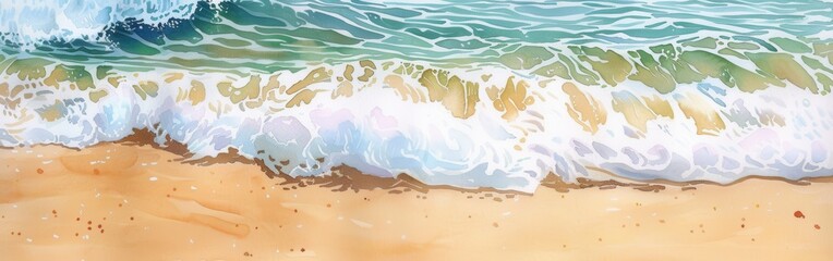 Poster - A wave with foamy white crests breaks on a sandy beach on a bright sunny day. The wave is breaking gently, revealing a clear, turquoise blue water underneath.