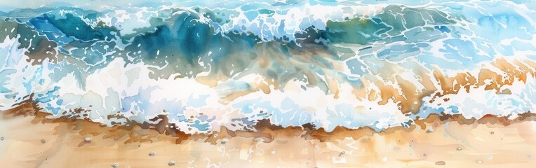 Wall Mural - A watercolor painting depicts a close-up view of ocean waves crashing on a sandy beach. The waves are a beautiful turquoise blue, with white foam breaking at the top. The sandy beach is a warm tan col