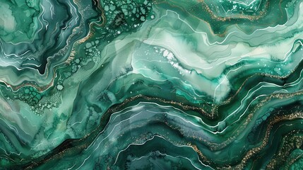 Aufkleber - A close-up of an abstract painting featuring swirling shades of green and white with gold accents. The paint resembles the look of natural marble with its wavy, veined patterns.