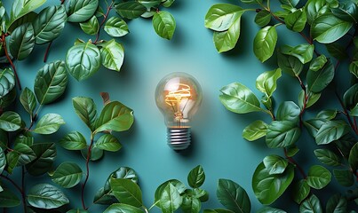 An eco-friendly light bulb adorned with plant leaves is featured on a blue background, promoting renewable energy, energy conservation, and nature conservation.