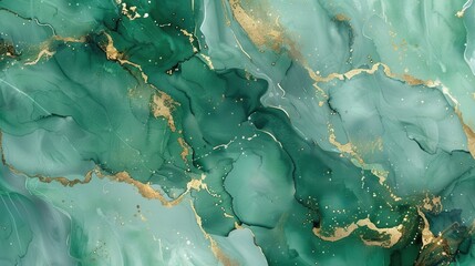 Aufkleber - The image depicts a close-up of an abstract art piece. Green, teal, and gold liquid paint swirl together, creating a marble-like effect. The colors are vibrant and contrasting, adding depth and dimens
