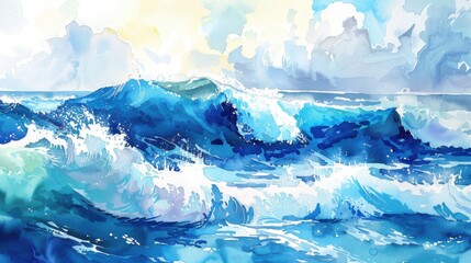 Poster - A watercolor painting depicting a vibrant blue ocean with waves crashing and breaking under a sky filled with white clouds. The painting captures the dynamic energy of the sea with its use of light an