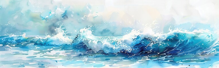 Poster - A watercolor painting depicting the ocean on a bright day with several waves crashing, producing white foam. The waves are blue and green, and the sky is a light blue with white clouds. The painting h