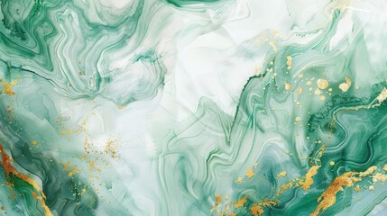 Poster - A close-up of an abstract marble texture with swirling green and gold patterns. The green swirls are reminiscent of flowing water, while the gold flecks add a touch of luxury. The background is white,