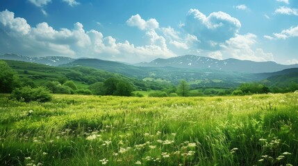 Wall Mural - landscape with green grass and clouds