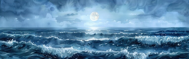 The image depicts an ocean scene at night, with a full moon illuminating the dark blue water. The waves crash and roll across the surface, creating a sense of movement and energy. The sky is a deep bl