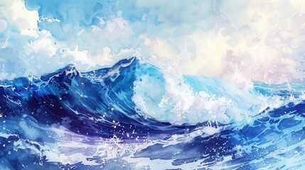 Poster - A watercolor painting depicting a large ocean wave crashing with white foam under a cloudy sky. The sky is light blue with white clouds and a hint of pink. The ocean wave is a deep blue with white foa