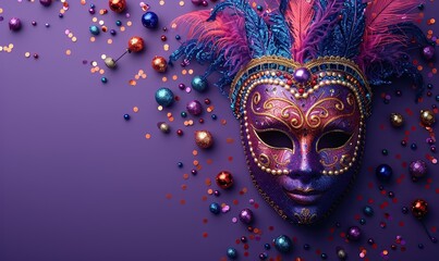 Mardi Gras beads and a carnival mask are displayed on a purple background in a top view layout, perfect for a festive holiday banner.