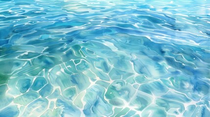 Poster - A close-up view of a calm water surface with sunlight reflecting off the water, creating an abstract pattern of ripples and swirls. The water is a beautiful blue and green hue, showing the clarity and