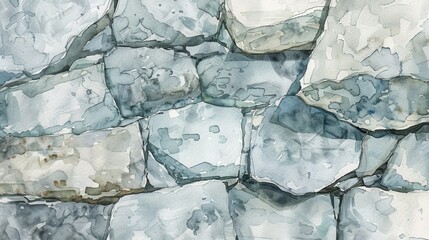 Wall Mural - A close-up watercolor painting of a stone wall in shades of gray and blue. The texture of the stones is emphasized through the use of brushstrokes and watercolors.