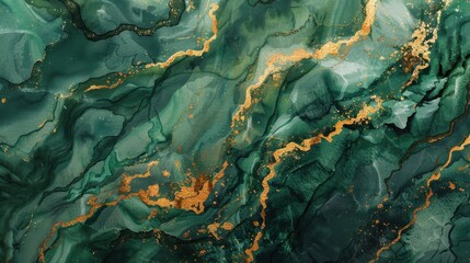 Poster - This is a close-up image of a swirling abstract design, created using green and gold paint. The swirling patterns mimic the look of marble, but with a flowing, organic feel. This image would be ideal 