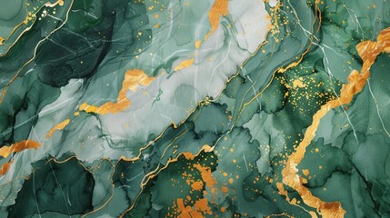 This is a close-up of an abstract painting that resembles marble. It features swirling veins of green and gold paint, creating a dynamic and elegant design. The artwork is reminiscent of natural stone