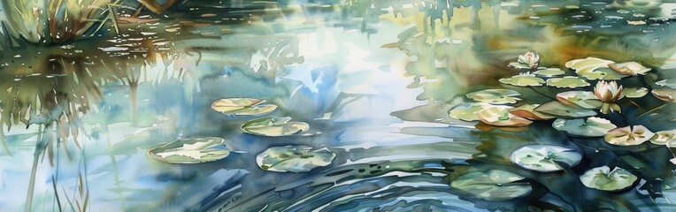 Wall Mural - A watercolor painting depicts a serene pond scene with water lilies floating on the surface. The sun casts a gentle glow on the water, creating ripples and reflections of the surrounding greenery.