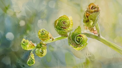 Wall Mural - A watercolor painting depicts a close-up of several green flower buds on a thin stem, bathed in the soft light of the sun. The buds are spiraled, adding texture and dimension to the artwork. The backg