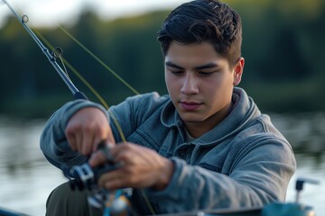 Young man fishing, adjusting his line and reel, outdoors on a lake.