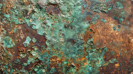 Poster - A close-up shot of a metal surface covered in rust and patina, showing an intricate pattern of green, brown, and orange hues. The metal appears to have weathered over time, leaving a textured and unev
