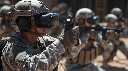 A soldier wearing a VR headset and tactical gear is holding a gun while training.