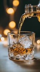 Poster - Whiskey being poured into a glass with ice cubes