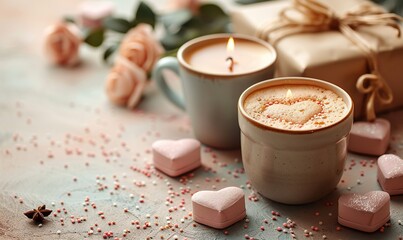 Wall Mural - A Happy Valentine�s Day composition features a photo album, heart-shaped candles, a coffee cup, and gift boxes on a pastel beige background.