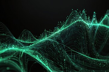 Wall Mural - Dynamic sound wave. Musical particle pulsing. Green energy flow concept. 3D rendering.