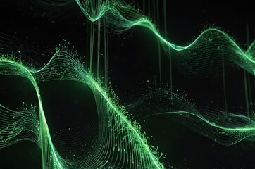 Wall Mural - Dynamic sound wave. Musical particle pulsing. Green energy flow concept. 3D rendering.