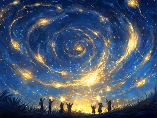 A mesmerizing night sky full of swirling galaxies, illuminating silhouettes of people in awe of the universe's beauty.